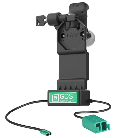 RAM Mounts GDS Uni-Conn left-locking tablet dock + dual USB-A with release lever – product photo