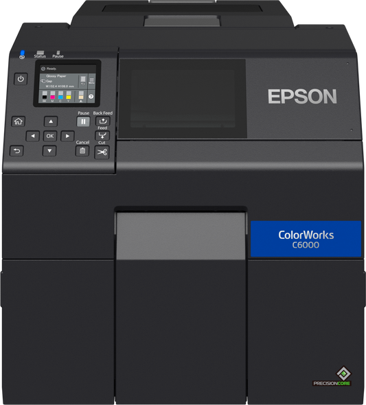 Epson ColorWorks C6000Ae colour label printer, 4-inch, auto cutter, matte black ink, 1200 x 1200 dpi, inkjet (C31CH76102MK) – front view