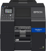 Epson ColorWorks C6000Pe colour label printer, 4-inch, peel-and-present, matte black ink, 1200 x 1200 dpi, inkjet (C31CH76202MK) – front view with peeler