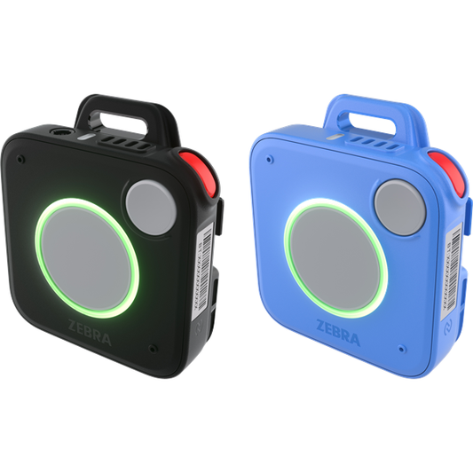 Zebra WS101-H wearable communication device, healthcare model (blue), no ports, cradle charging (WS1013-0HC00040EWR) – shown in black and blue