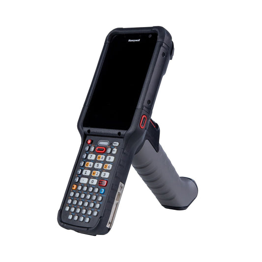 Honeywell CK67 ultra-rugged Android mobile computer, 51-key alphanumeric keypad, FlexRange 2D imager, Wi-Fi only (CK67-X0N-58S1A0G) – angled view with scan handle