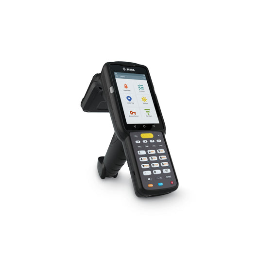 Zebra MC3330xR rugged keypad mobile computer, integrated UHF RFID reader, pistol grip, 29-key numeric keypad (MC333U-GJ2EG4EU) – side view with RFID antenna