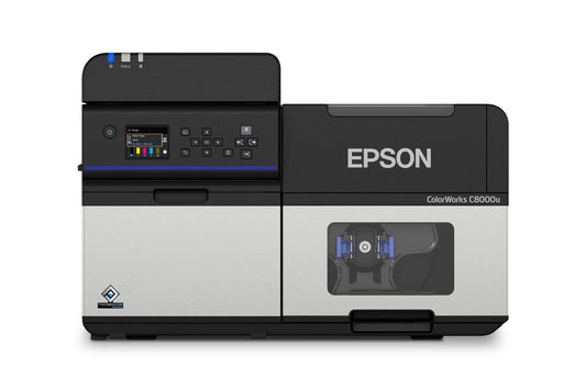 Epson ColorWorks C8000 colour label printer, high-speed 4-inch, auto cutter, matte black ink, 1200 x 600 dpi, inkjet (C31CL02102MK) – front view