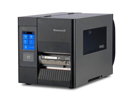 Honeywell PD45S industrial label printer, 3.5-inch colour touchscreen, tear bar, 203 dpi, thermal transfer (PD45S0FE010000200) – angled left view