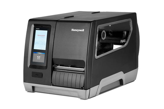 Honeywell PM45 industrial label printer, full touch display, tear bar, 406 dpi, thermal transfer (PM45A12000000400) – angled front view