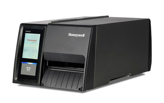 Honeywell PM45c industrial label printer, long door, full touch display, tear bar, 203 dpi, thermal transfer (PM45CA1000000200) – angled front view