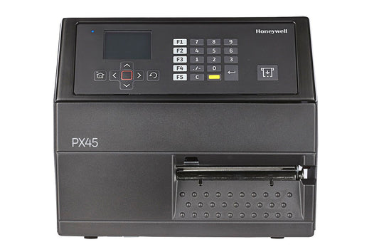 Honeywell PX45 industrial label printer, LCD display with keypad, tear bar, parallel port, 203 dpi, thermal transfer (PX45A00010000200) – front view