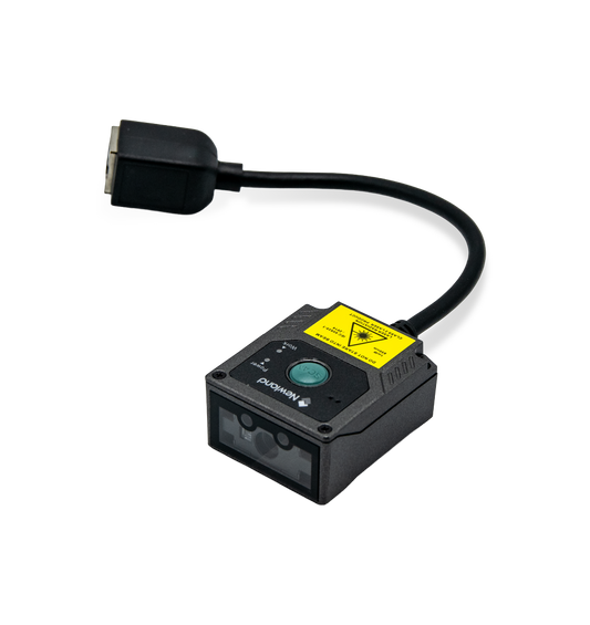 Newland FM430 Barracuda fixed-mount 2D scanner, laser aimer, USB kit (NLS-FM430L-U) – 3/4 view with attached cable