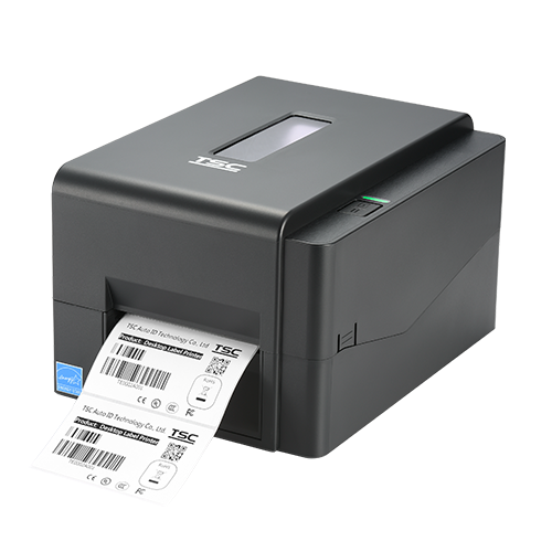 TSC TE200 desktop thermal transfer label printer, 203 dpi, USB, Bluetooth, black (99-065A101-U1LF00) – front view with labels