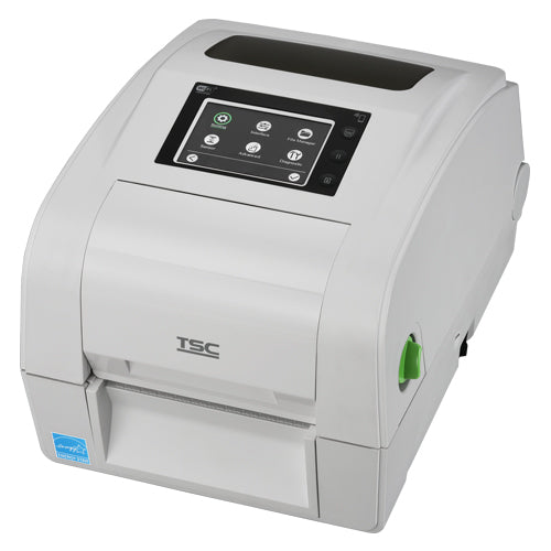 TSC TH240TRCHC 4-inch healthcare desktop thermal transfer label printer, 203 dpi, ribbon cartridge, Bluetooth, white (TH240HC-A002-0202) – front 3/4 view, touch display