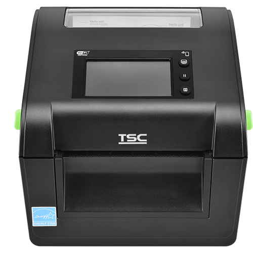 TSC DH240T 4-inch desktop direct thermal label printer, 203 dpi, touch display, linerless cutter kit, black (DH240-A001-0032) – angled view