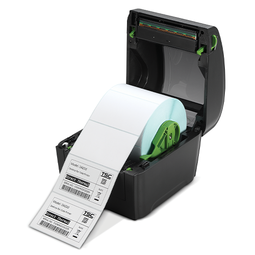 TSC DA220 4-inch direct thermal desktop label printer, 203 dpi, USB + Ethernet + Wi-Fi, black (99-158A025-2702) – angled view