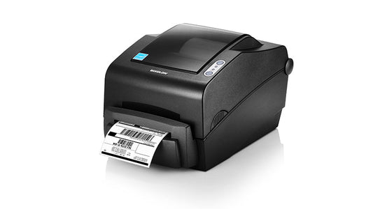 BIXOLON SLP-TX400 4-inch thermal transfer desktop label printer, dark grey (SLP-TX400EG) – front view with label