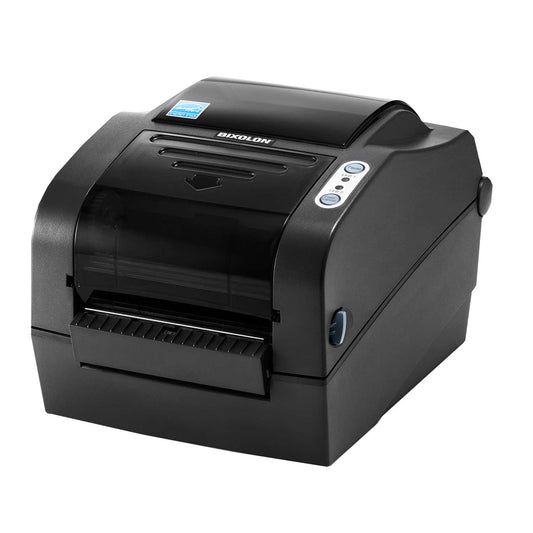 BIXOLON SLP-TX420 4-inch thermal transfer desktop label printer, dark grey (SLP-TX420EG/BEG) – angled view