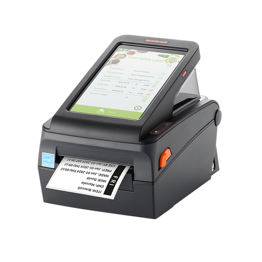 BIXOLON XQ-840II tablet label printer with built-in 8-inch Android tablet, 203 dpi, Wi-Fi + Bluetooth, grey (XQ-840IIG/BEG) – printing a label