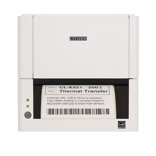 Citizen CL-E331 4-inch thermal transfer desktop label printer, 300 dpi, USB, RS-232 and Ethernet, pure white (CLE331XEWXXX) – printing a label