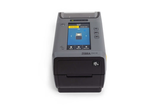 Zebra ZD611R 2-inch thermal transfer desktop RFID label printer, dark grey, 203 dpi, tear-off, USB + Ethernet (ZD6A122-T0EER2EZ) – colour display front view