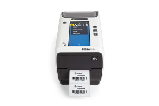 Zebra ZD611t-HC 2-inch thermal transfer healthcare desktop label printer, white, 203 dpi, tear-off, USB + Ethernet (ZD6AH22-T0EE00EZ) – printing a label