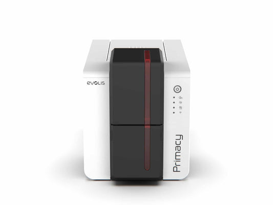 Evolis Primacy 2 plastic card printer, dual-sided, LED panel, USB + Ethernet, GO PACK (ribbon + 100 cards), 300 dpi, dye sublimation / thermal transfer (PM2D-GP3-E) – front view