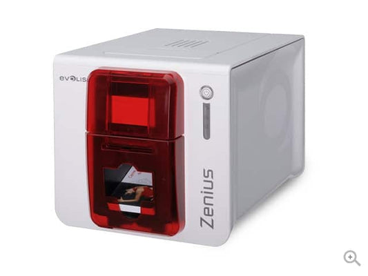Evolis Zenius Expert plastic card printer, fire red, single-sided, USB + Ethernet, magnetic stripe encoder, 300 dpi, dye sublimation / thermal transfer (ZN1HB000RS) – angled view