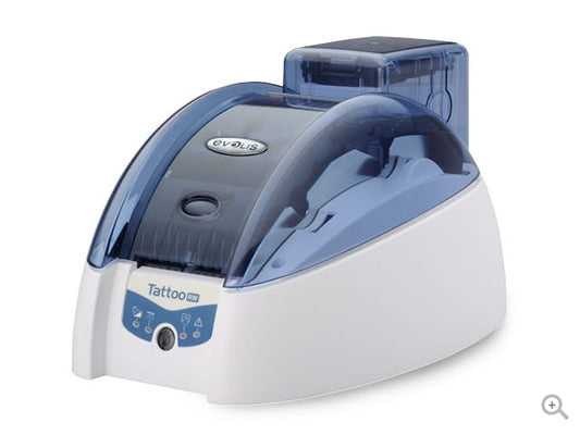 Evolis Tattoo RW rewritable plastic card printer, single-sided, USB + Ethernet, contactless encoder, 300 dpi, thermal rewrite (TTR201BBH-00HS) – angled view