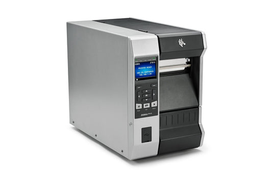 Zebra ZT610 industrial label printer, colour display with keypad, tear-off, 203 dpi, thermal transfer (ZT61042-T0E0100Z) – angled front view