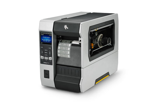 Zebra ZT610 industrial label printer, colour display with keypad, tear-off, UHF RFID, 300 dpi, thermal transfer (ZT61043-T0E01C0Z) – RFID model with media window, angled front view