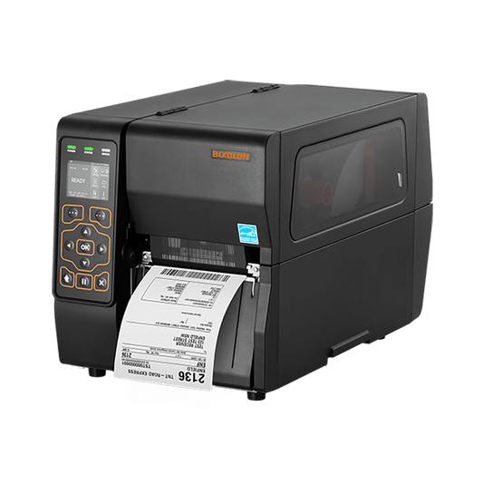 BIXOLON XT3-40 industrial label printer, 2.4-inch colour LCD, tear-off, 203 dpi, thermal transfer (XT3-40/MEA) – printing a shipping label