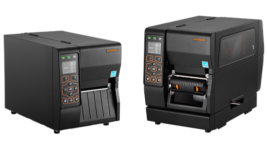BIXOLON XT3-40 industrial label printer, 2.4-inch colour LCD, peeler and internal rewinder, 203 dpi, thermal transfer (XT3-409) – shown next to the standard model (right: peeler and rewinder version)