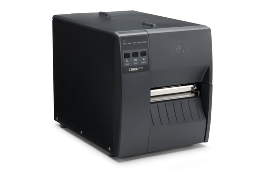 Zebra ZT111 industrial label printer, tear-off, 300 dpi, thermal transfer (ZT11143-T0E000FZ) – angled front view