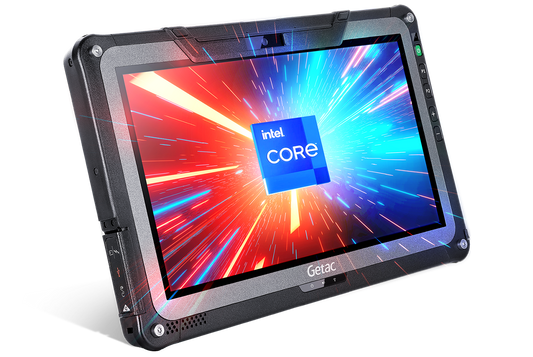 Getac F110 G7 rugged 11.6-inch tablet, RS-232 serial + LAN ports (FTB166TI1MMX) – angled front view