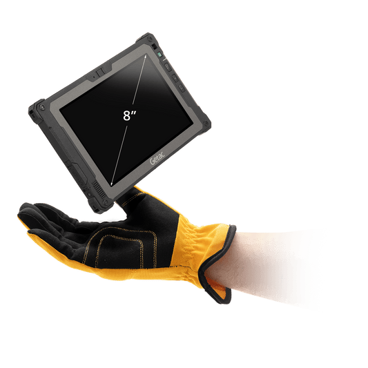 Getac ZX80W 8" rugged Windows tablet, internal battery with bay cover (Z8A7WXWB1AXX) – angled view in gloved hand