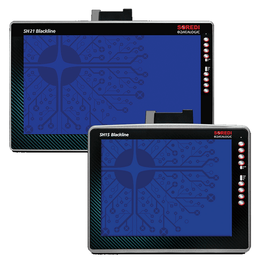 Datalogic SH15 Blackline 15-inch vehicle-mount computer, Intel quad-core, Windows 10 IoT Enterprise (94S151235) – front view shown with the SH21 Blackline