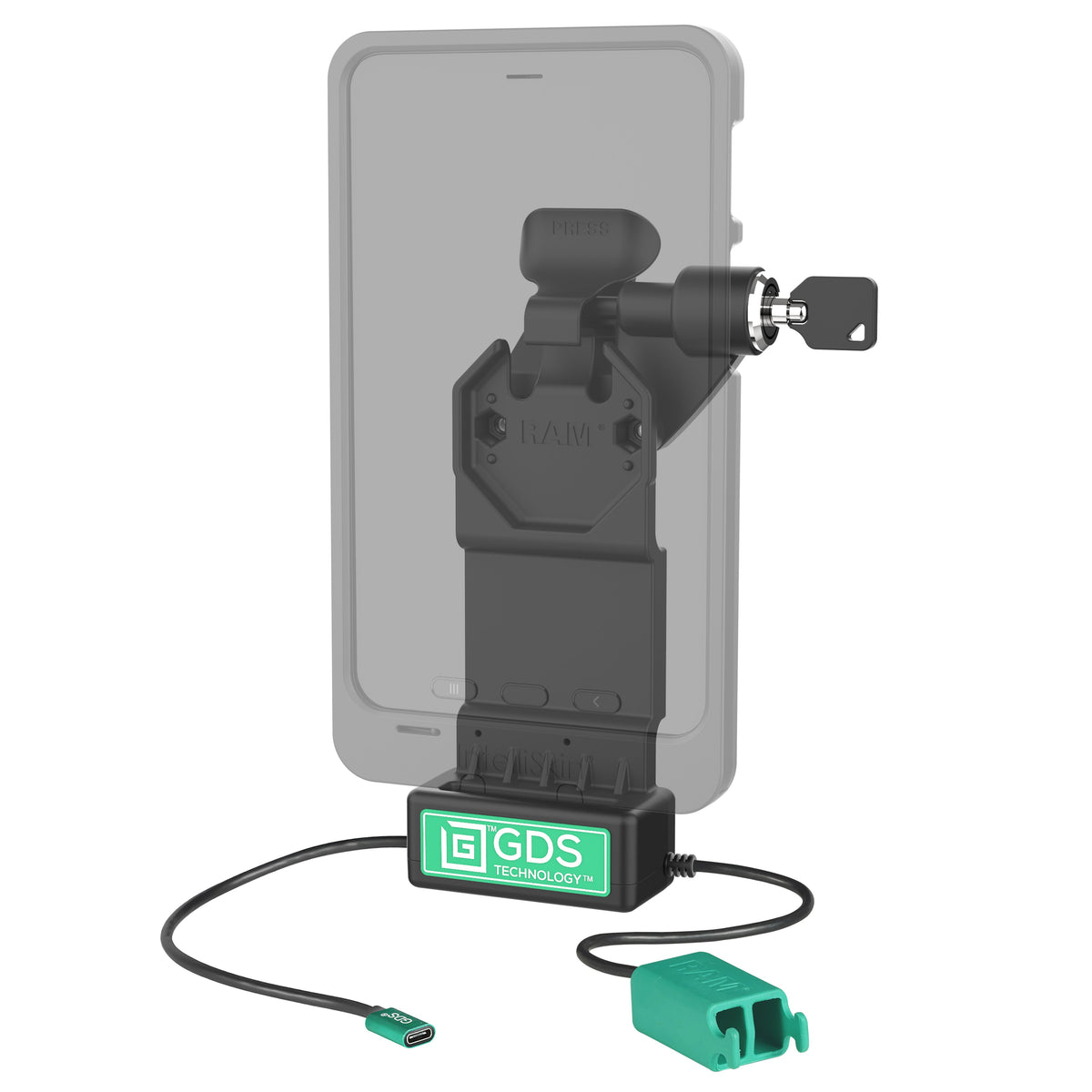 RAM Mounts GDS Uni-Conn right-locking tablet dock + dual USB-A with release lever – alternative view