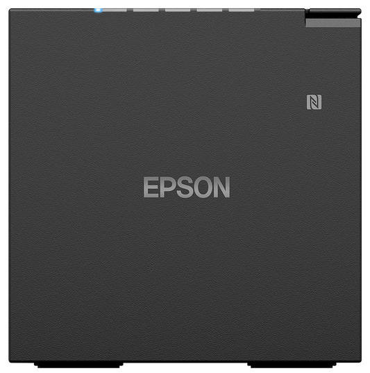 Epson TM-m50II compact POS receipt printer, black, serial + USB + Ethernet, UK plug (C31CK52102A0) – top front view