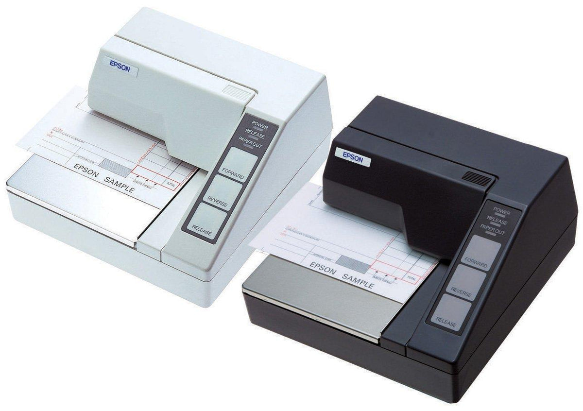 Epson TM-U295 impact dot matrix slip printer, dark grey, serial (C31C163292) – shown next to the white version