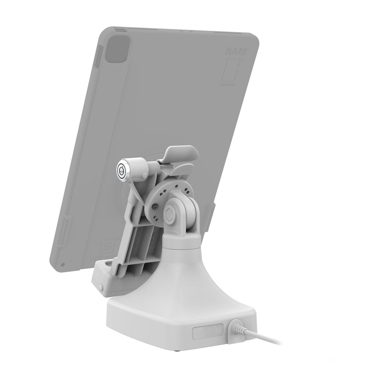 RAM Mounts GDS key-locking tilt and swivel dock with USB-C for IntelliSkin tablets with Uni-Conn adapter in grey – detail photo