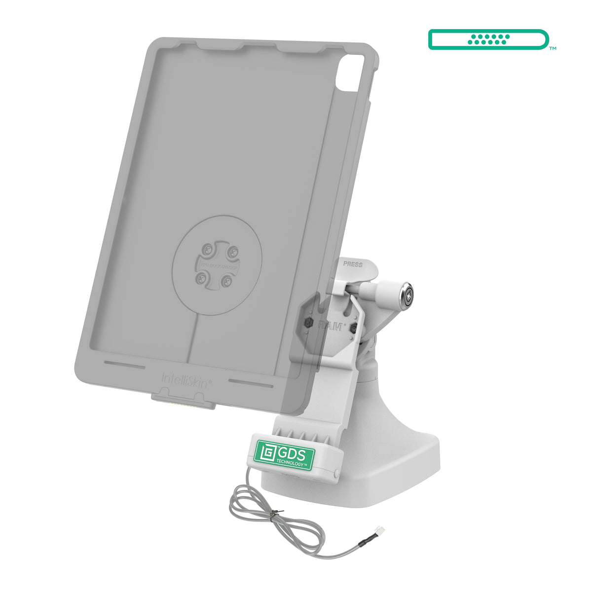 RAM Mounts GDS key-locking tilt and swivel dock with PoE for IntelliSkin tablets with Uni-Conn adapter in grey – alternative view