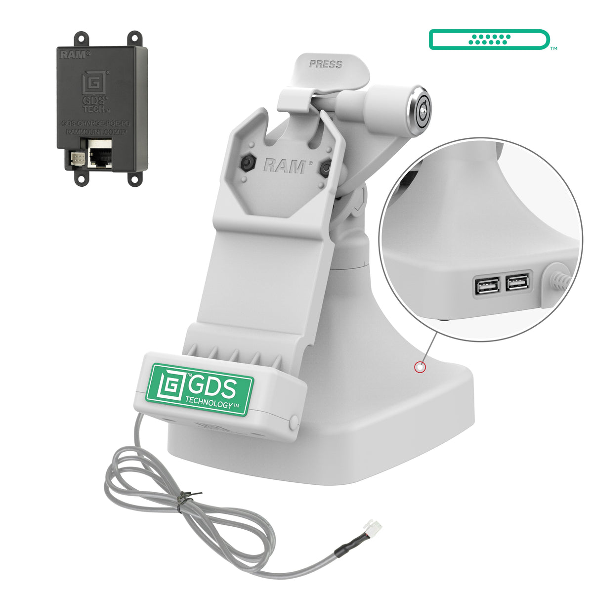 RAM Mounts GDS key-locking tilt and swivel dock with PoE and two USB-A ports for IntelliSkin tablets with Uni-Conn adapter in grey – main product photo