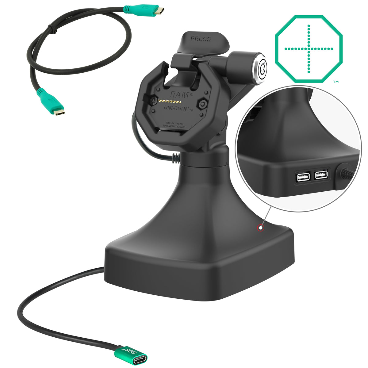 RAM Mounts GDS key-locking tilt and swivel dock with USB-C and two USB-A ports for IntelliSkin Thin-Case tablets with rear pogo pads – main product photo