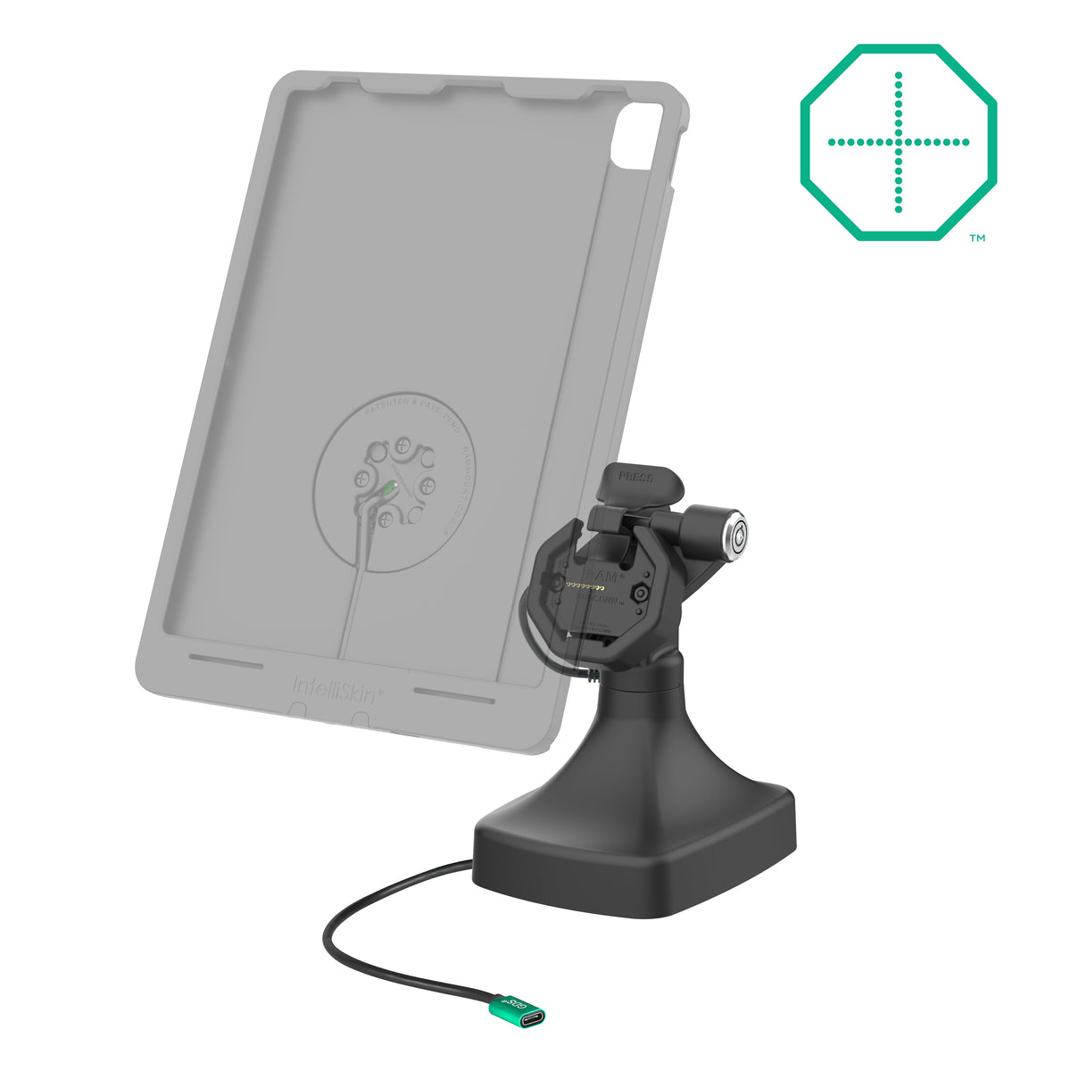 RAM Mounts GDS key-locking tilt and swivel dock with USB-C for IntelliSkin Thin-Case tablets with rear pogo pads – alternative view
