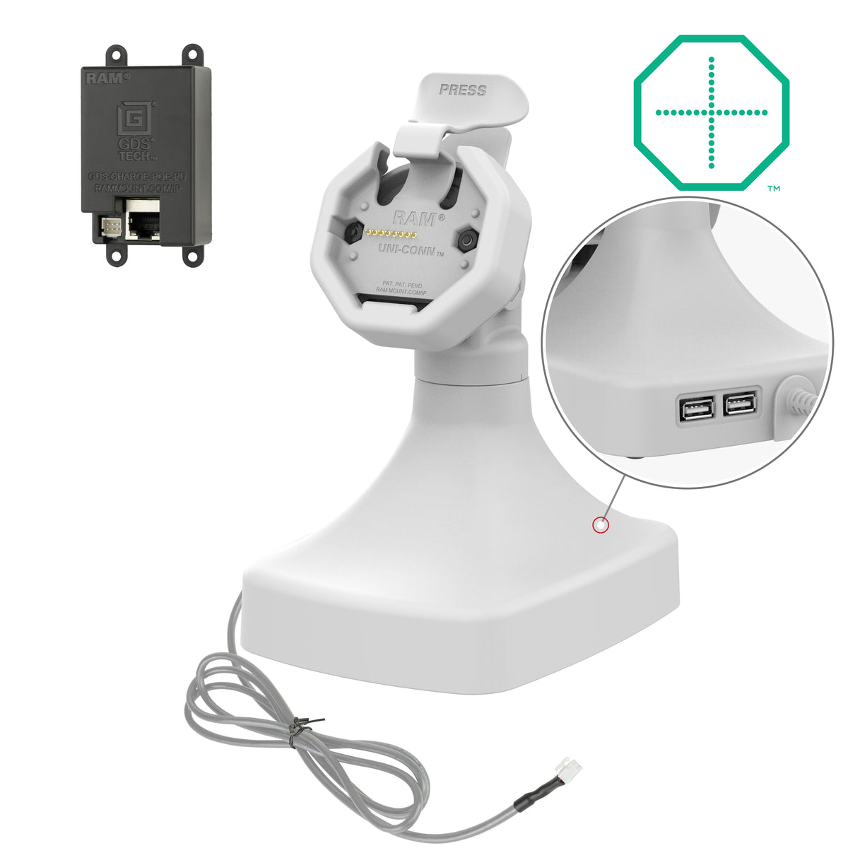 RAM Mounts GDS tilt and swivel dock with PoE and two USB-A ports for IntelliSkin Thin-Case tablets with rear pogo pads in grey – main product photo