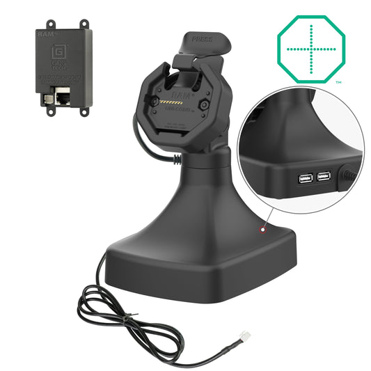 RAM Mounts GDS tilt and swivel dock with PoE and two USB-A ports for IntelliSkin Thin-Case tablets with rear pogo pads – main product photo