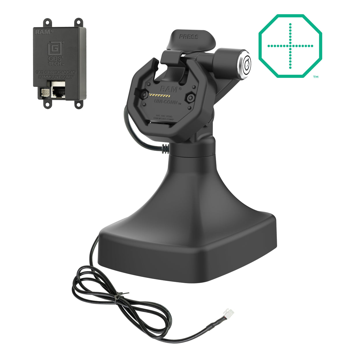RAM Mounts GDS key-locking tilt and swivel dock with PoE for IntelliSkin Thin-Case tablets with rear pogo pads – main product photo
