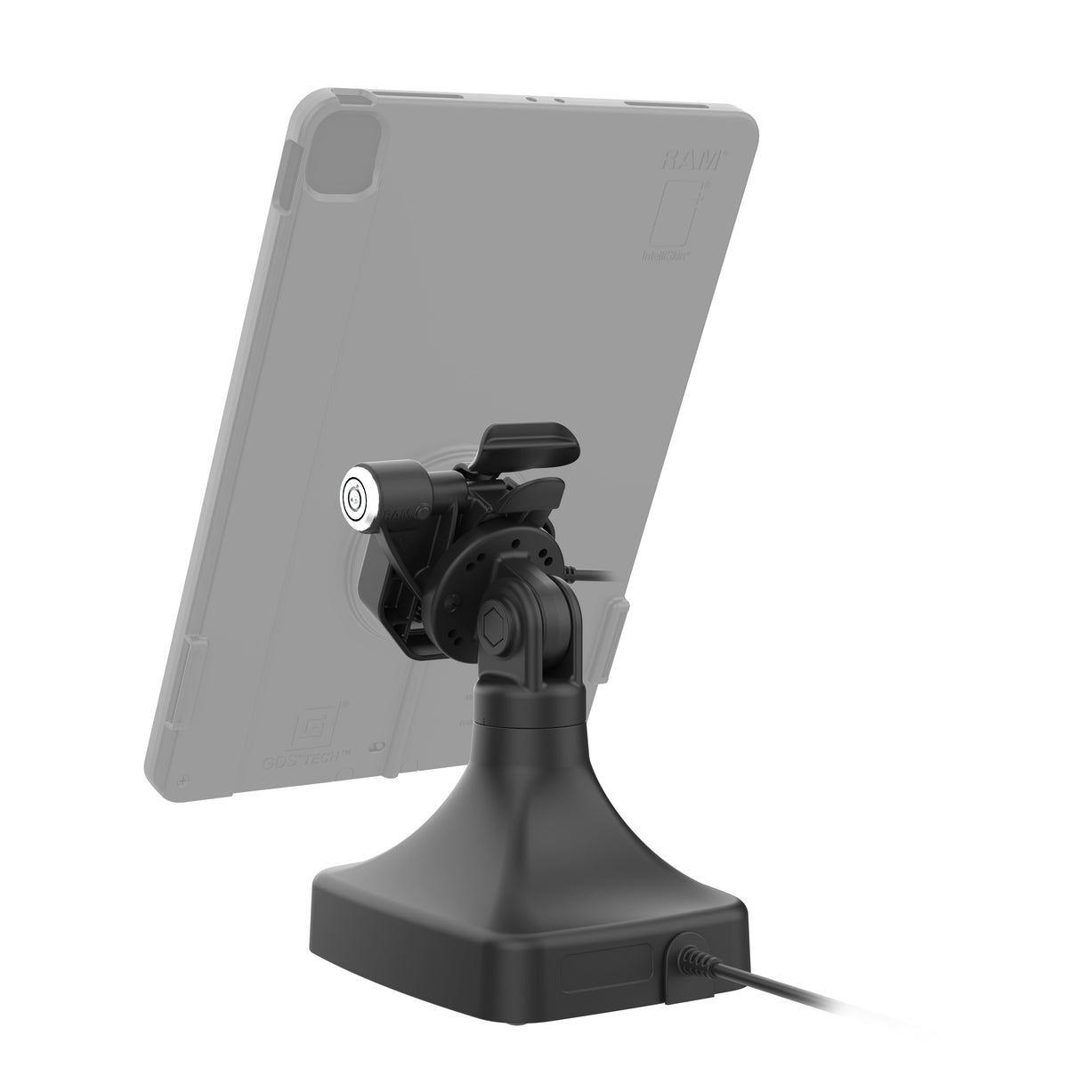 RAM Mounts GDS key-locking tilt and swivel dock with PoE for IntelliSkin Thin-Case tablets with rear pogo pads – detail photo
