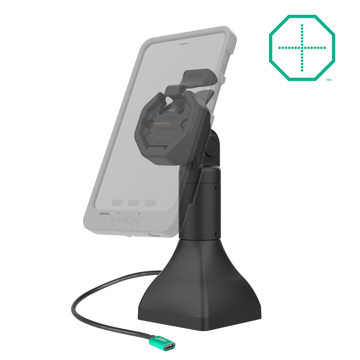 RAM Mounts GDS 7-inch pedestal dock with USB-C for IntelliSkin Thin-Case tablets with rear pogo pads – alternative view
