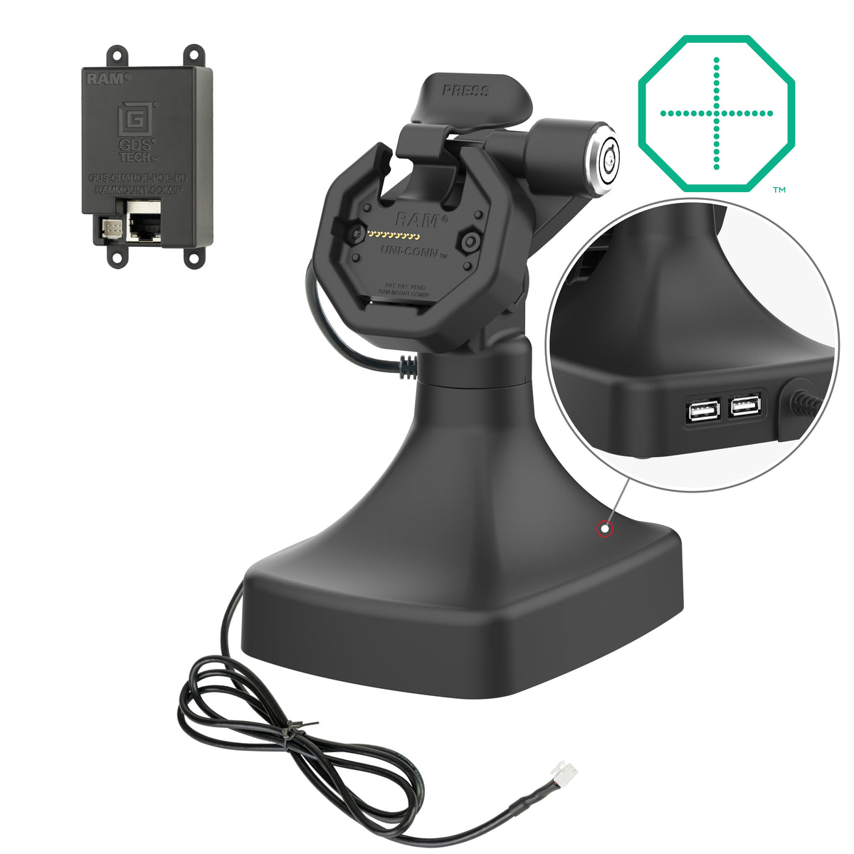 RAM Mounts GDS key-locking tilt and swivel dock with PoE and two USB-A ports for IntelliSkin Thin-Case tablets with rear pogo pads – main product photo