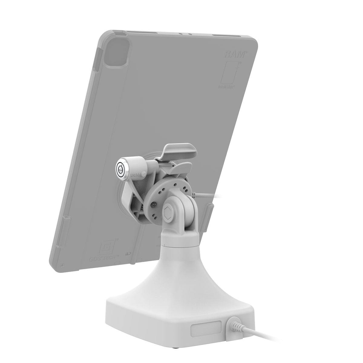 RAM Mounts GDS Uni-Conn powered key-locking tilt and swivel kiosk dock with PoE for Thin-Case tablets in grey – detail photo