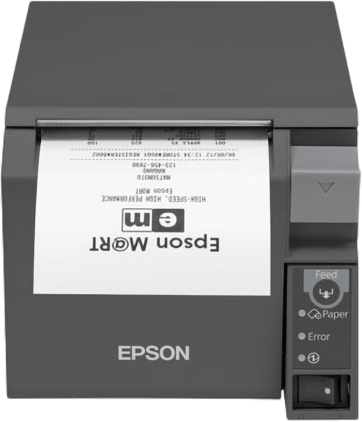 Epson TM-T70II front-loading POS receipt printer, dark grey, serial + USB (C31CD38032) – front view with printed receipt