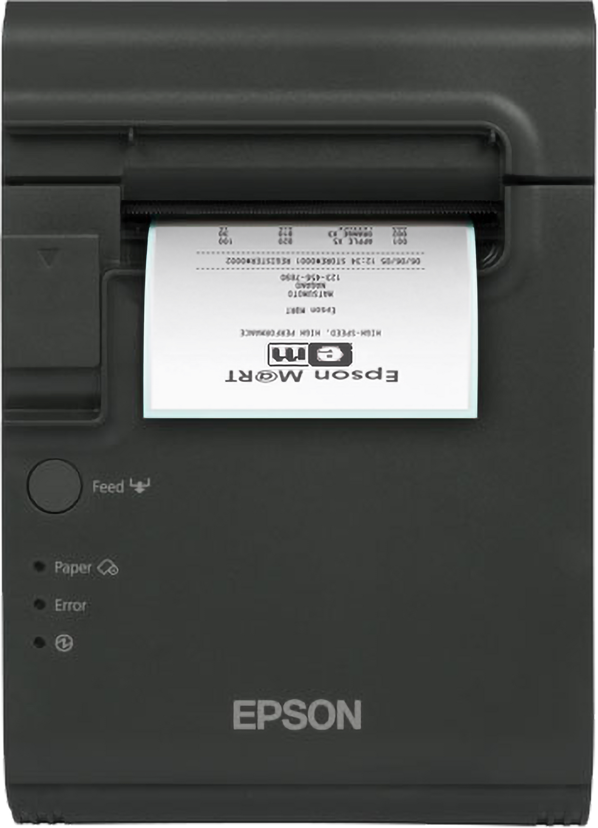 Epson TM-L90LF liner-free label and receipt printer, dark grey, serial + USB (C31C412682) – front view